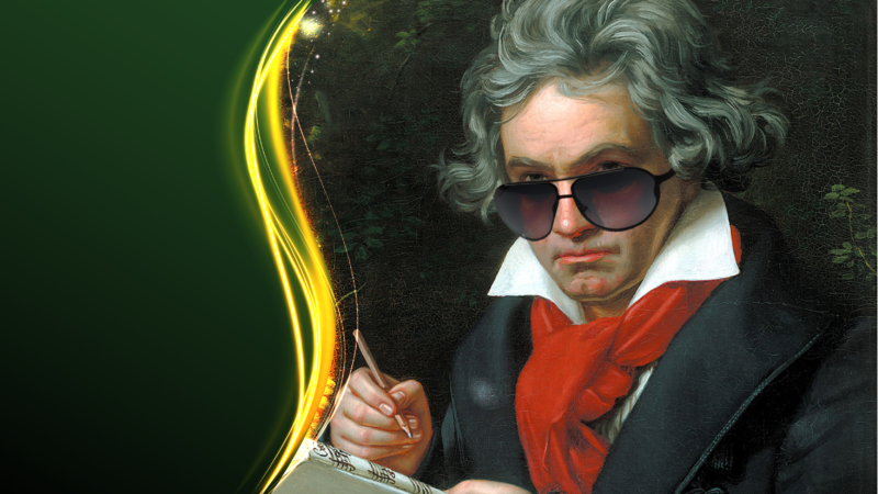 Image displaying a painting of Beethoven with glasses on, representing JCSO's Brilliant Beethoven concert.